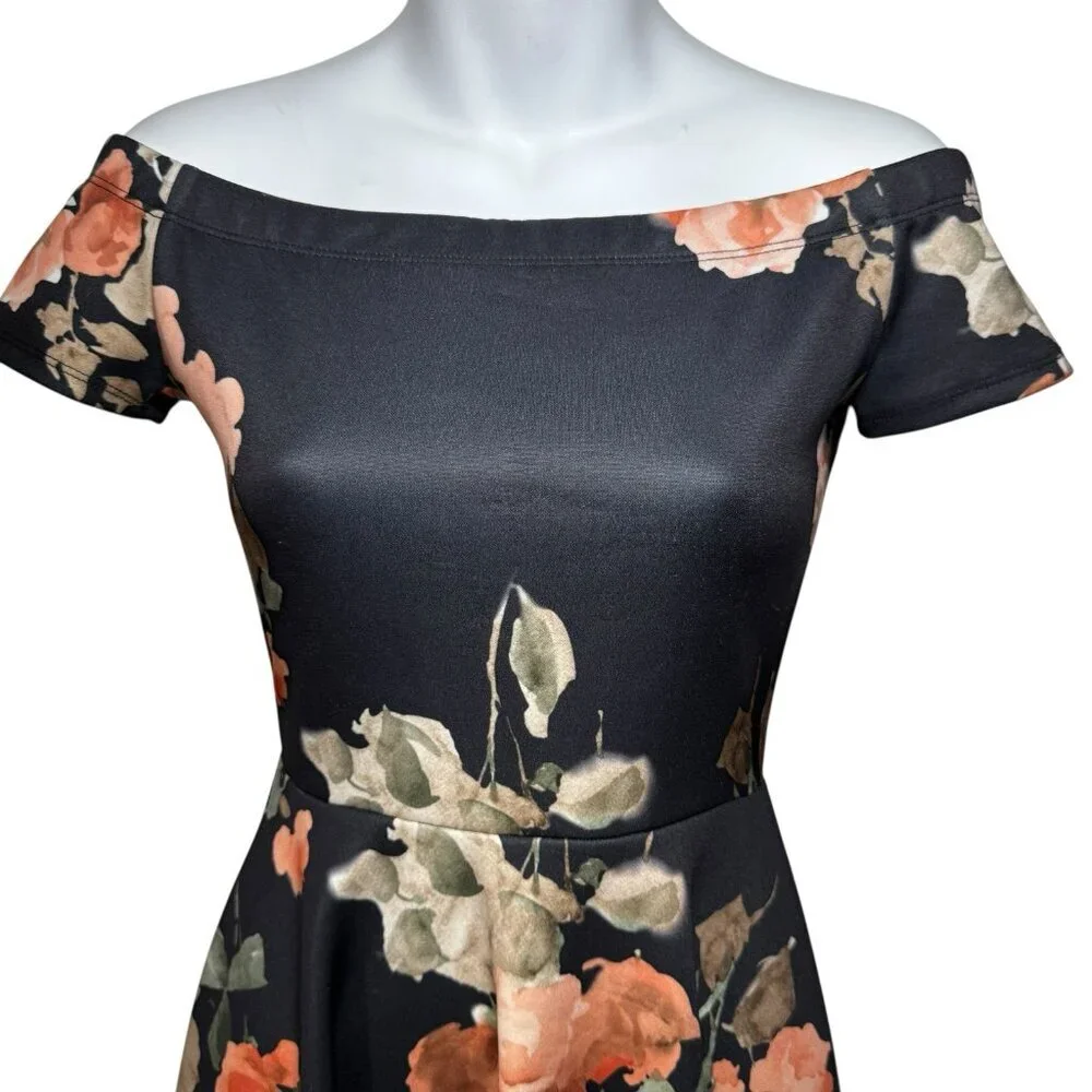 Lovely‎ Day Black Floral Dress Off The Shoulder High Low Flowy Women’s Size S